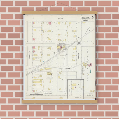 Old map wall art mockup — magnetic wood frame on brick wall — Sanborn Fire Insurance Map from Mount Pulaski, Logan County, Illinois (1893), Sheet #0005
