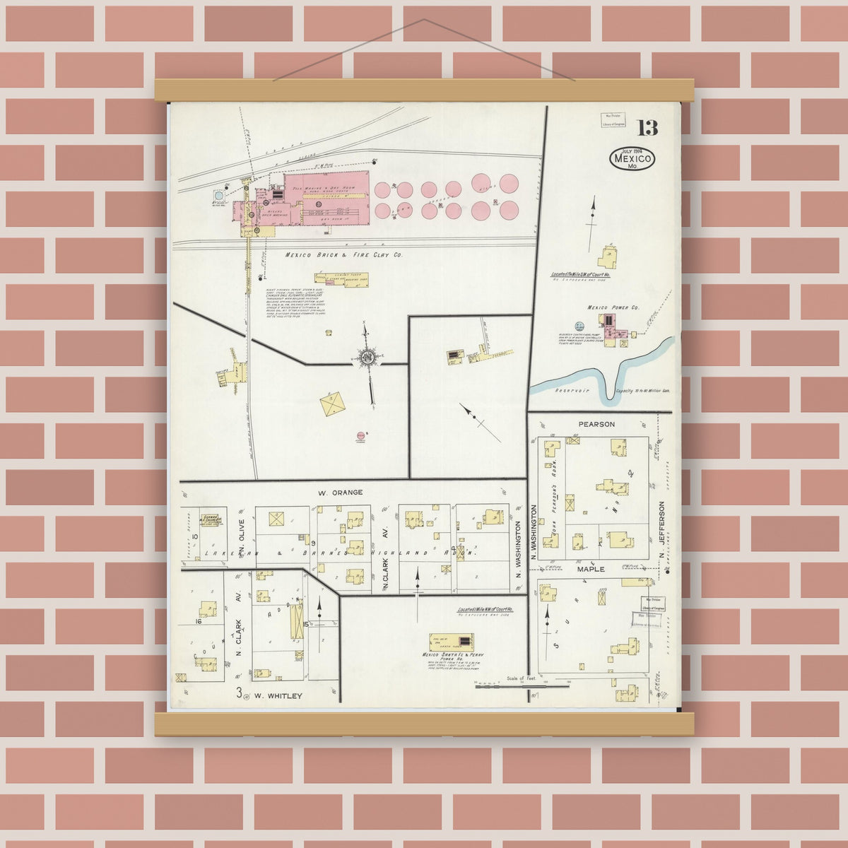 Old map wall art mockup — magnetic wood frame on brick wall — Sanborn Fire Insurance Map from Mexico, Audrain County, Missouri (1914), Sheet #0013