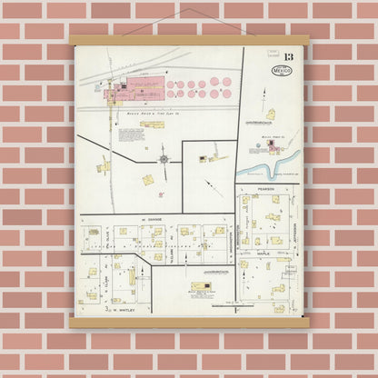 Old map wall art mockup — magnetic wood frame on brick wall — Sanborn Fire Insurance Map from Mexico, Audrain County, Missouri (1914), Sheet #0013