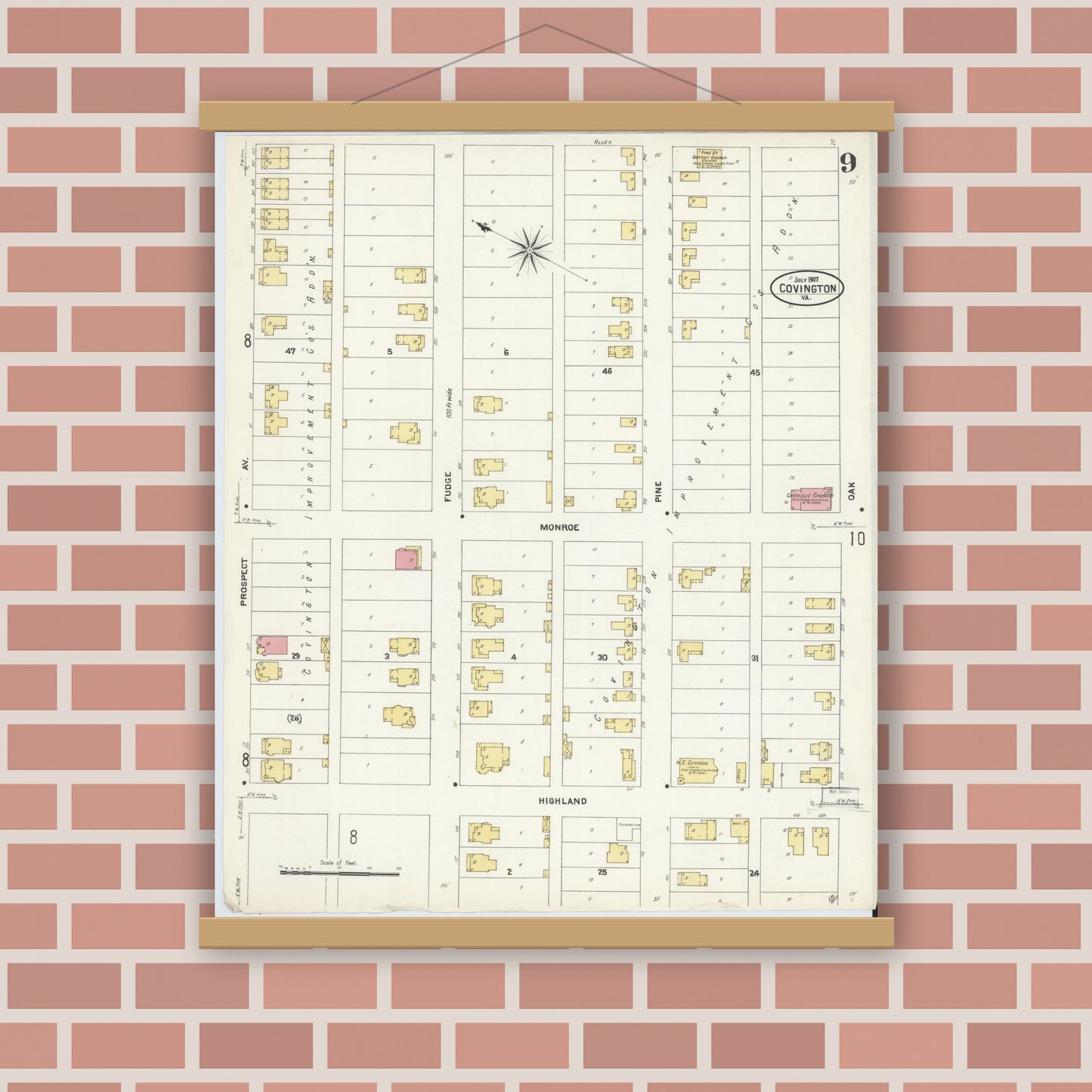 Old map wall art mockup — magnetic wood frame on brick wall — Sanborn Fire Insurance Map from Covington, Independent Cities, Virginia (1907), Sheet #0009