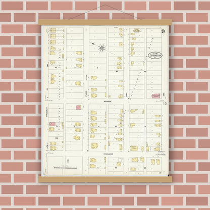 Old map wall art mockup — magnetic wood frame on brick wall — Sanborn Fire Insurance Map from Covington, Independent Cities, Virginia (1907), Sheet #0009