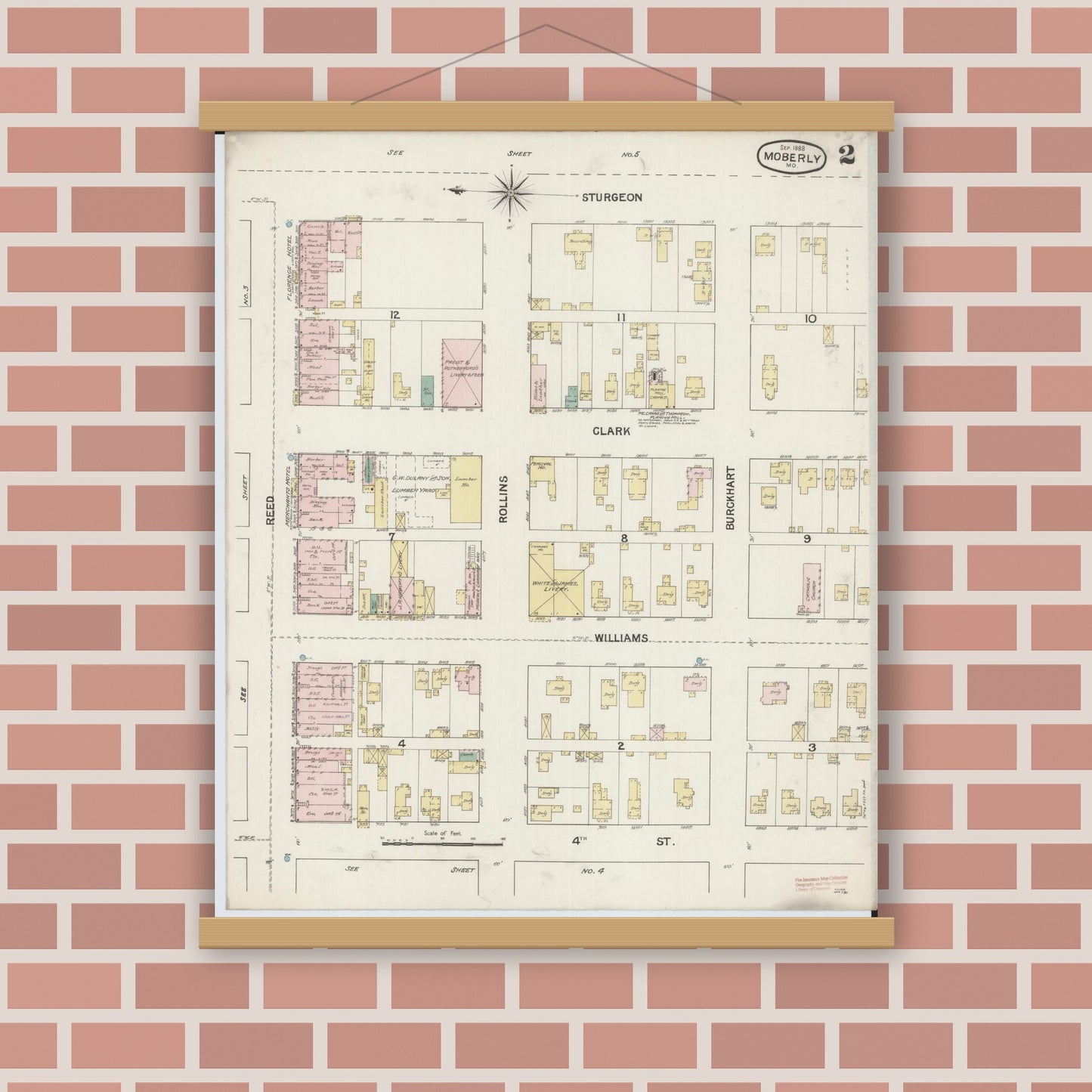 Old map wall art mockup — magnetic wood frame on brick wall — Sanborn Fire Insurance Map from Moberly, Randolph County, Missouri (1888), Sheet #0002