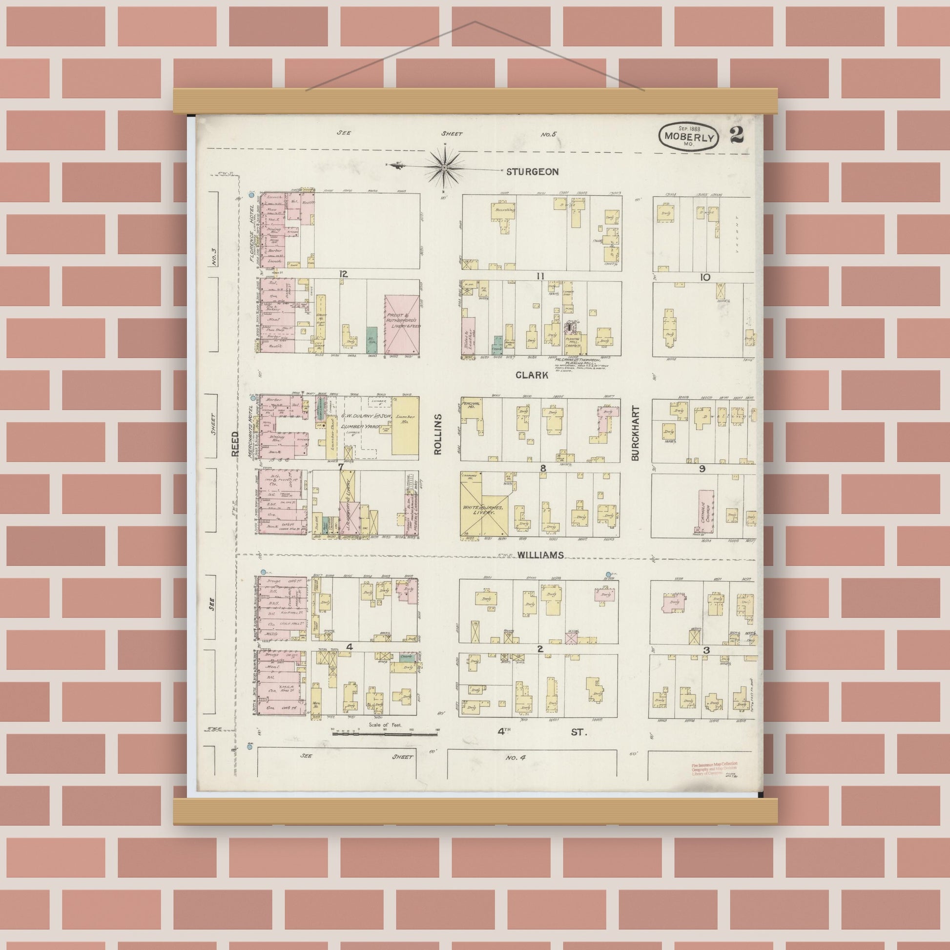 Old map wall art mockup — magnetic wood frame on brick wall — Sanborn Fire Insurance Map from Moberly, Randolph County, Missouri (1888), Sheet #0002