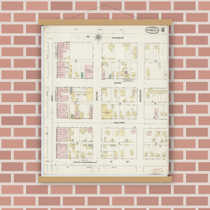 Old map wall art mockup — magnetic wood frame on brick wall — Sanborn Fire Insurance Map from Moberly, Randolph County, Missouri (1888), Sheet #0002