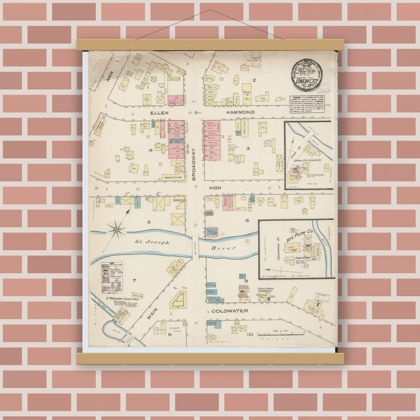 Old map wall art mockup — magnetic wood frame on brick wall — Sanborn Fire Insurance Map from Union City, Branch And Calhoun Counties, Michigan (1884), Sheet #0001