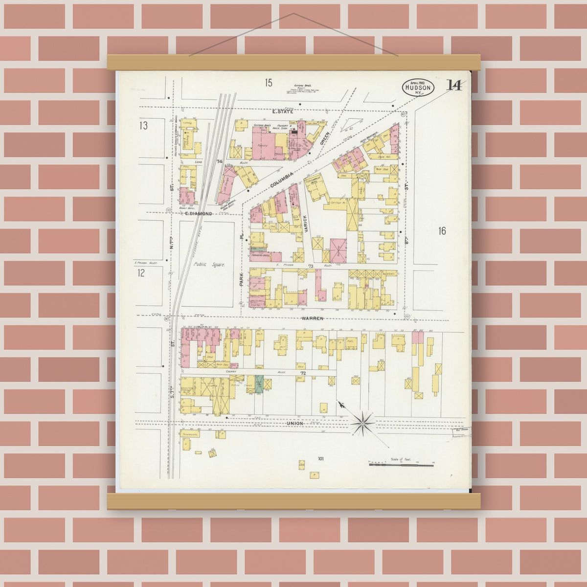 Old map wall art mockup — magnetic wood frame on brick wall — Sanborn Fire Insurance Map from Hudson, Columbia County, New York (1903), Sheet #0014