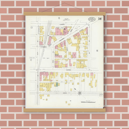 Old map wall art mockup — magnetic wood frame on brick wall — Sanborn Fire Insurance Map from Hudson, Columbia County, New York (1903), Sheet #0014