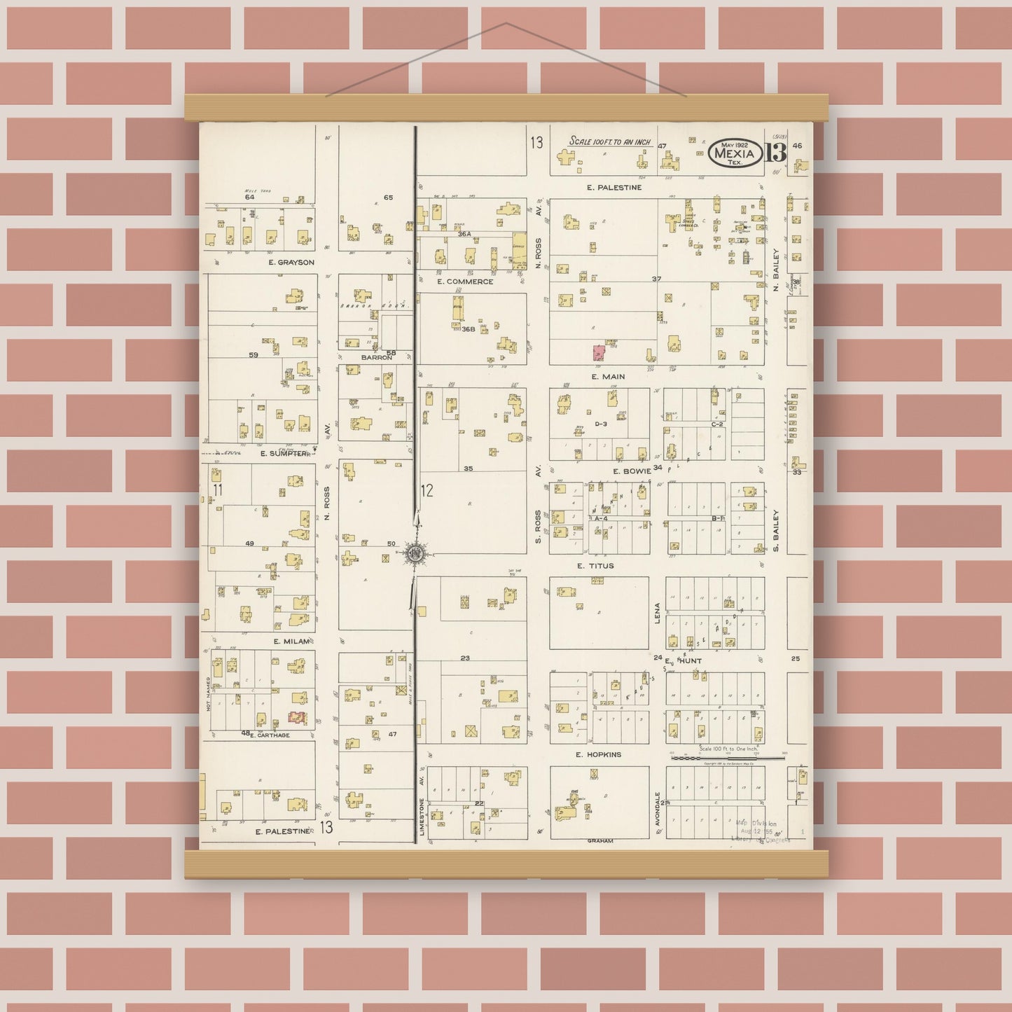 Old map wall art mockup — magnetic wood frame on brick wall — Sanborn Fire Insurance Map from Mexia, Limestone County, Texas (1922), Sheet #0013