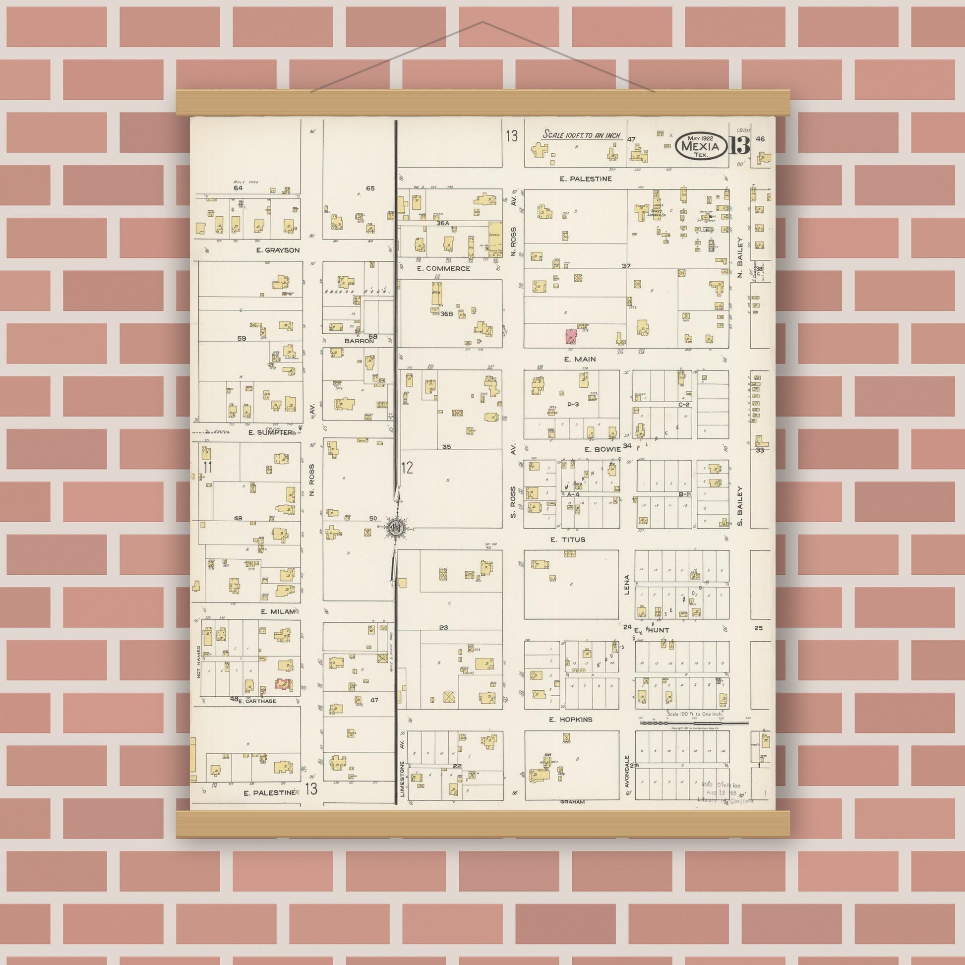 Old map wall art mockup — magnetic wood frame on brick wall — Sanborn Fire Insurance Map from Mexia, Limestone County, Texas (1922), Sheet #0013