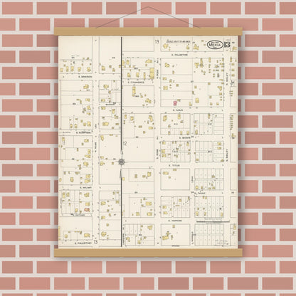 Old map wall art mockup — magnetic wood frame on brick wall — Sanborn Fire Insurance Map from Mexia, Limestone County, Texas (1922), Sheet #0013