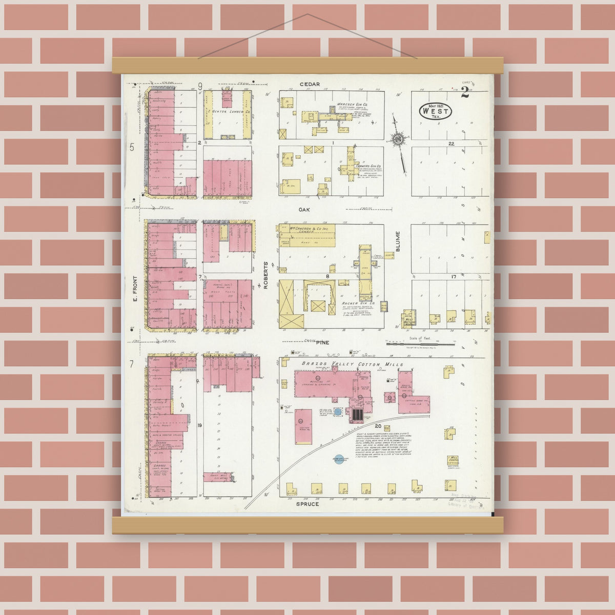 Old map wall art mockup — magnetic wood frame on brick wall — Sanborn Fire Insurance Map from West, McLennan County, Texas (1921), Sheet #0002