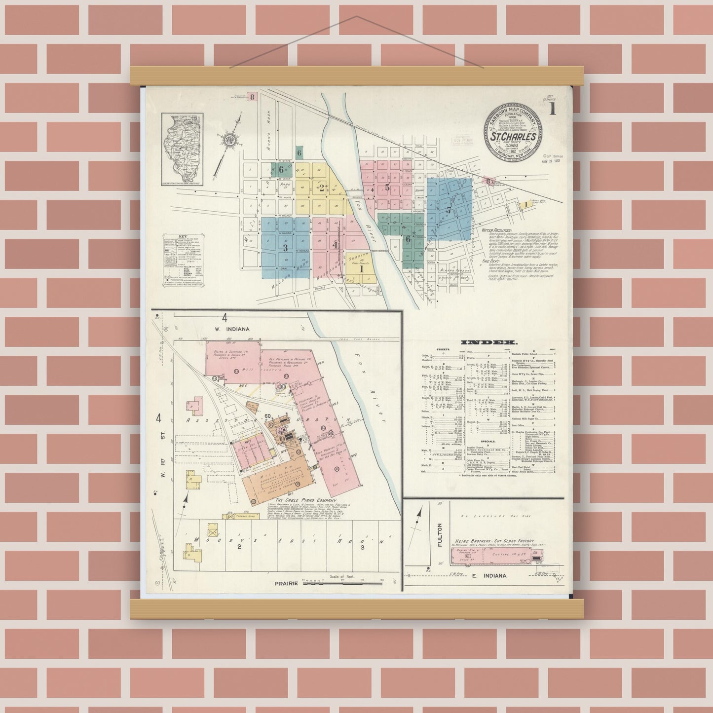 Old map wall art mockup — magnetic wood frame on brick wall — Sanborn Fire Insurance Map from Saint Charles, Kane County, Illinois (1912), Sheet #0001