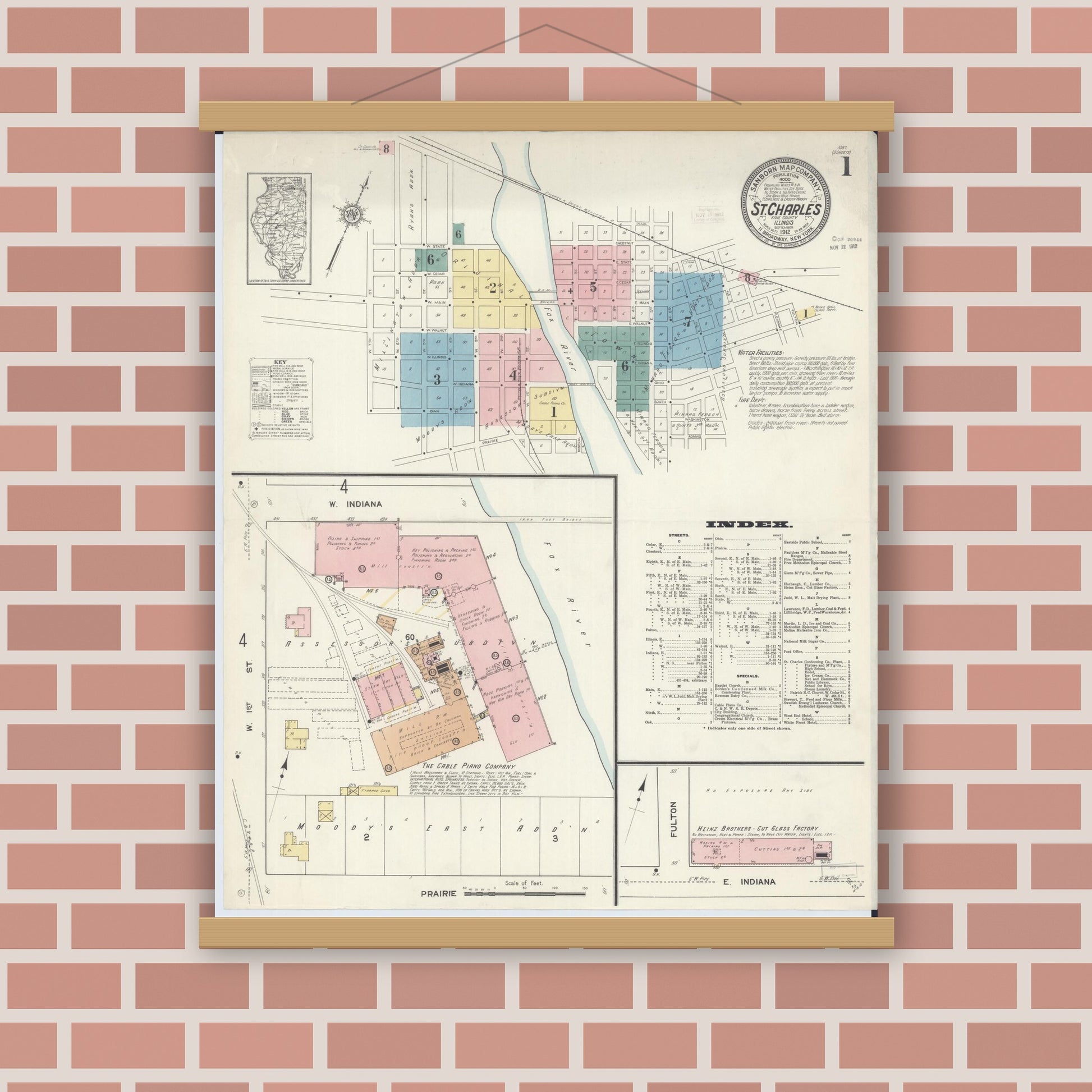 Old map wall art mockup — magnetic wood frame on brick wall — Sanborn Fire Insurance Map from Saint Charles, Kane County, Illinois (1912), Sheet #0001