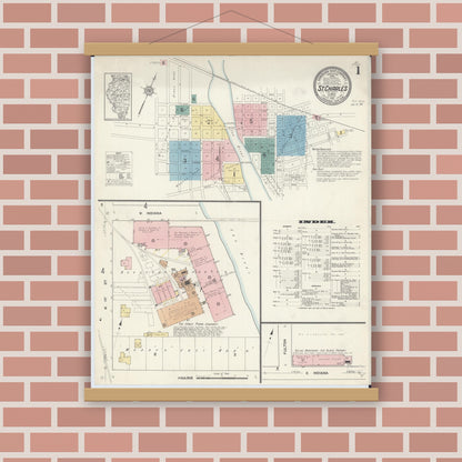 Old map wall art mockup — magnetic wood frame on brick wall — Sanborn Fire Insurance Map from Saint Charles, Kane County, Illinois (1912), Sheet #0001