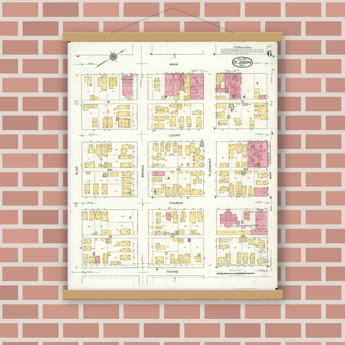 Old map wall art mockup — magnetic wood frame on brick wall — Sanborn Fire Insurance Map from Saint Joseph, Berrien County, Michigan (1921), Sheet #0006