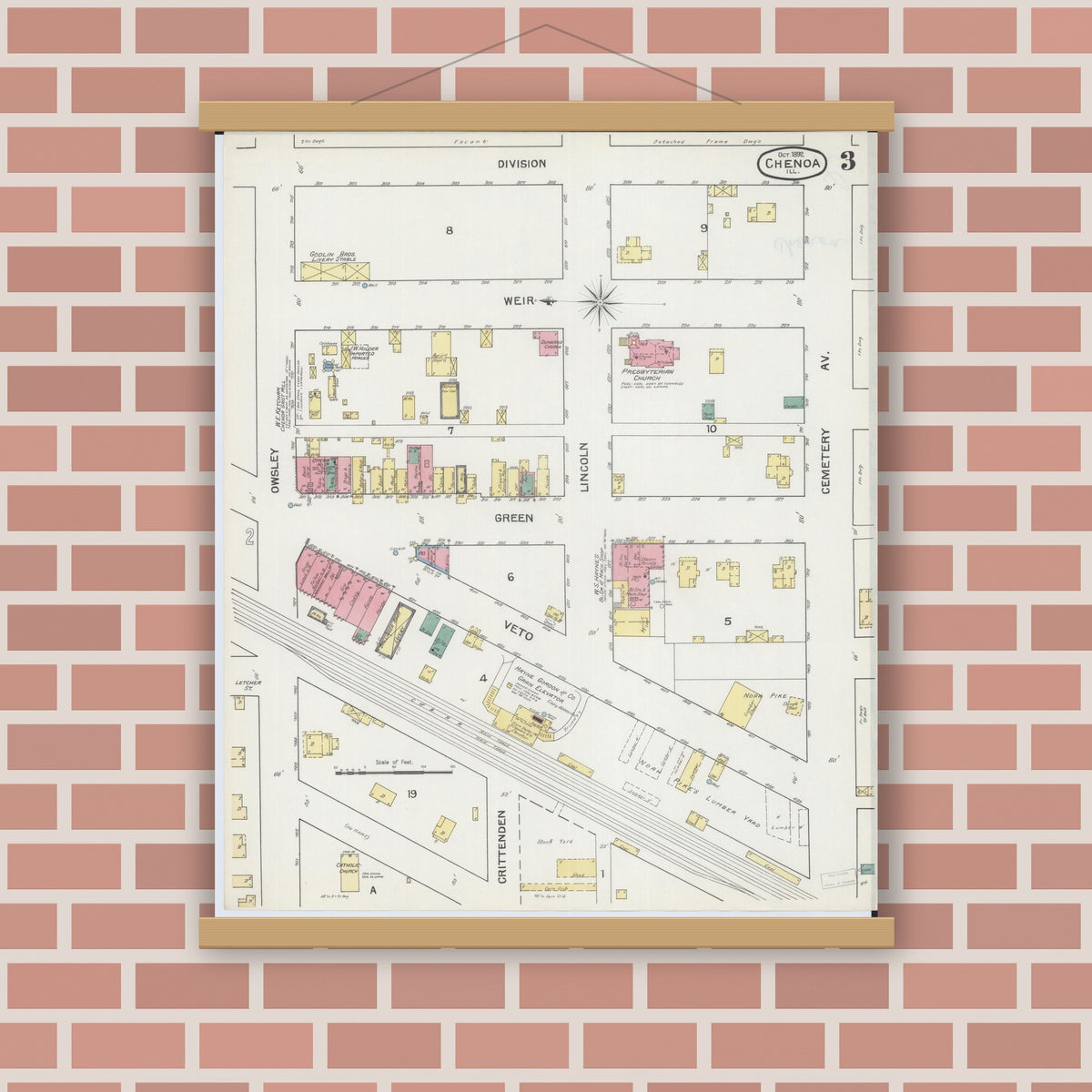 Old map wall art mockup — magnetic wood frame on brick wall — Sanborn Fire Insurance Map from Chenoa, McLean County, Illinois (1892), Sheet #0003