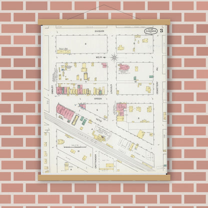 Old map wall art mockup — magnetic wood frame on brick wall — Sanborn Fire Insurance Map from Chenoa, McLean County, Illinois (1892), Sheet #0003
