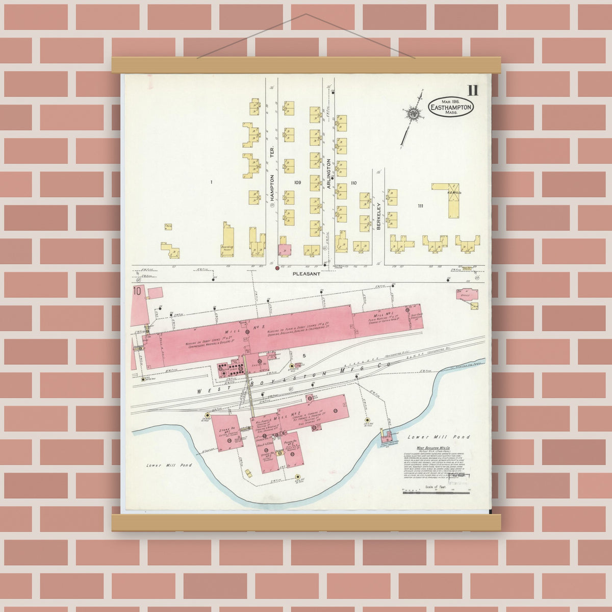 Old map wall art mockup — magnetic wood frame on brick wall — Sanborn Fire Insurance Map from East Hampton, Hampshire County, Massachusetts (1916), Sheet #0011
