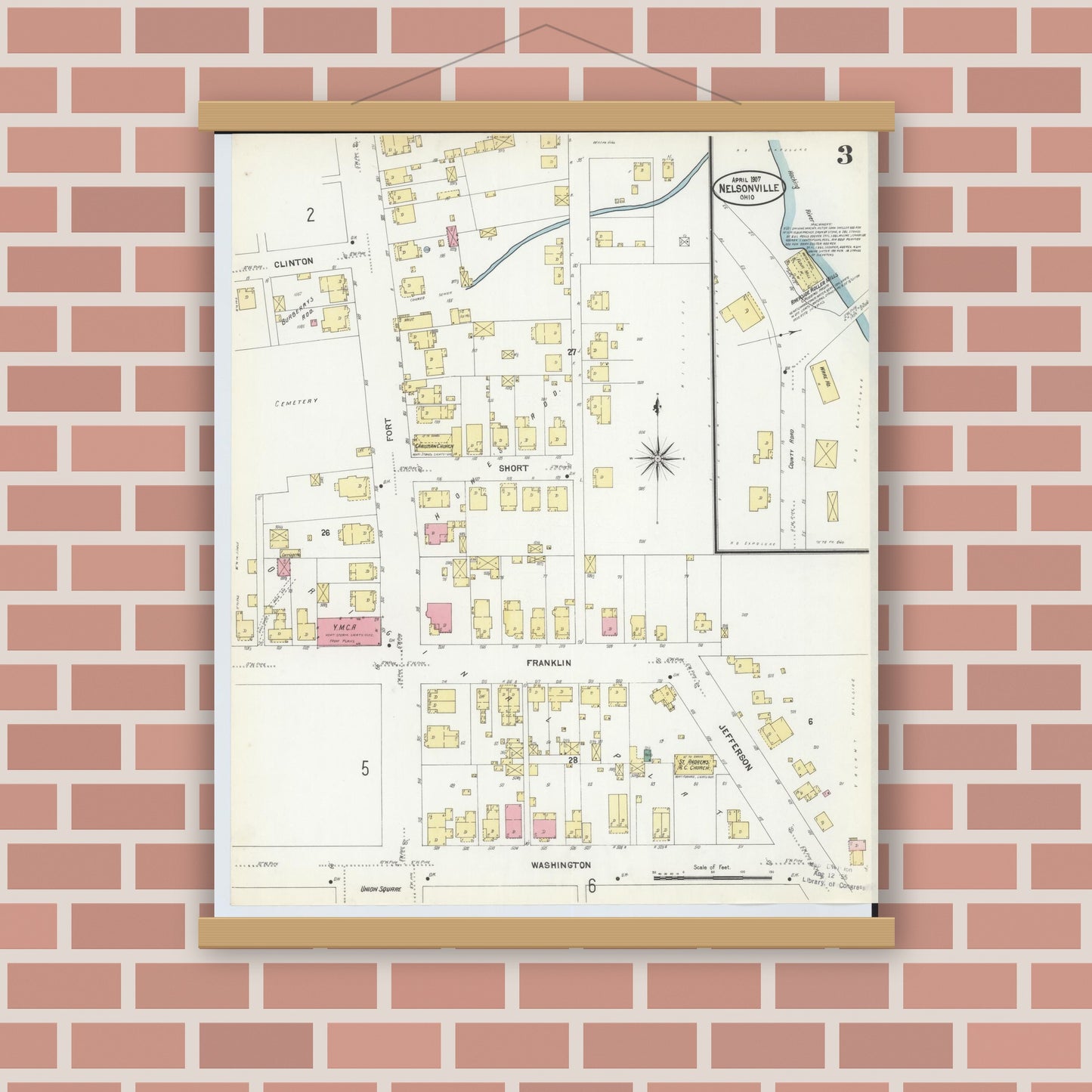 Old map wall art mockup — magnetic wood frame on brick wall — Sanborn Fire Insurance Map from Nelsonville, Athens County, Ohio (1907), Sheet #0003