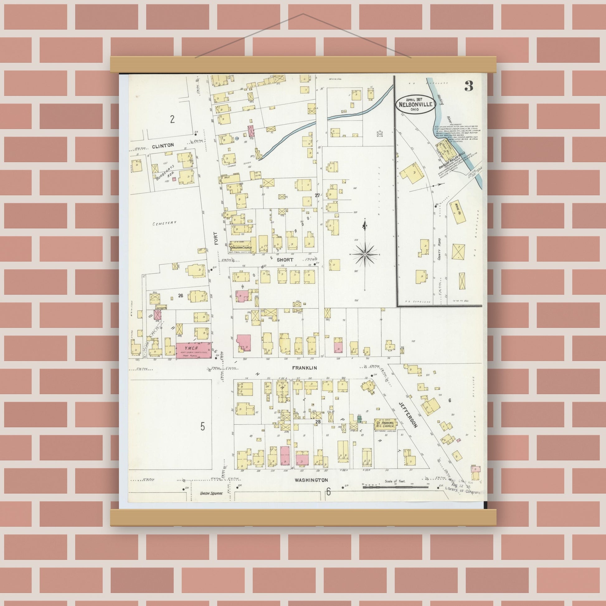Old map wall art mockup — magnetic wood frame on brick wall — Sanborn Fire Insurance Map from Nelsonville, Athens County, Ohio (1907), Sheet #0003