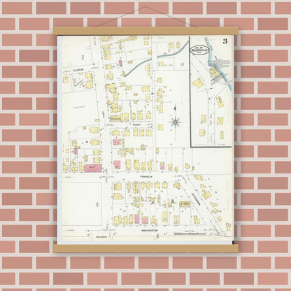 Old map wall art mockup — magnetic wood frame on brick wall — Sanborn Fire Insurance Map from Nelsonville, Athens County, Ohio (1907), Sheet #0003