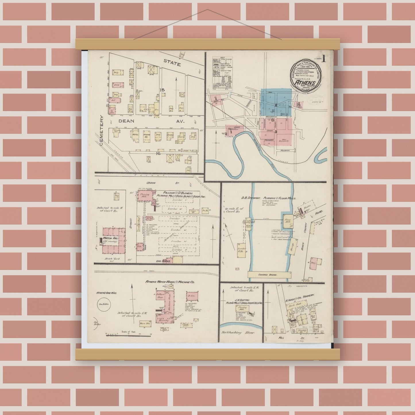 Old map wall art mockup — magnetic wood frame on brick wall — Sanborn Fire Insurance Map from Athens, Athens County, Ohio (1885), Sheet #0001