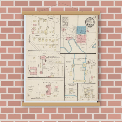 Old map wall art mockup — magnetic wood frame on brick wall — Sanborn Fire Insurance Map from Athens, Athens County, Ohio (1885), Sheet #0001