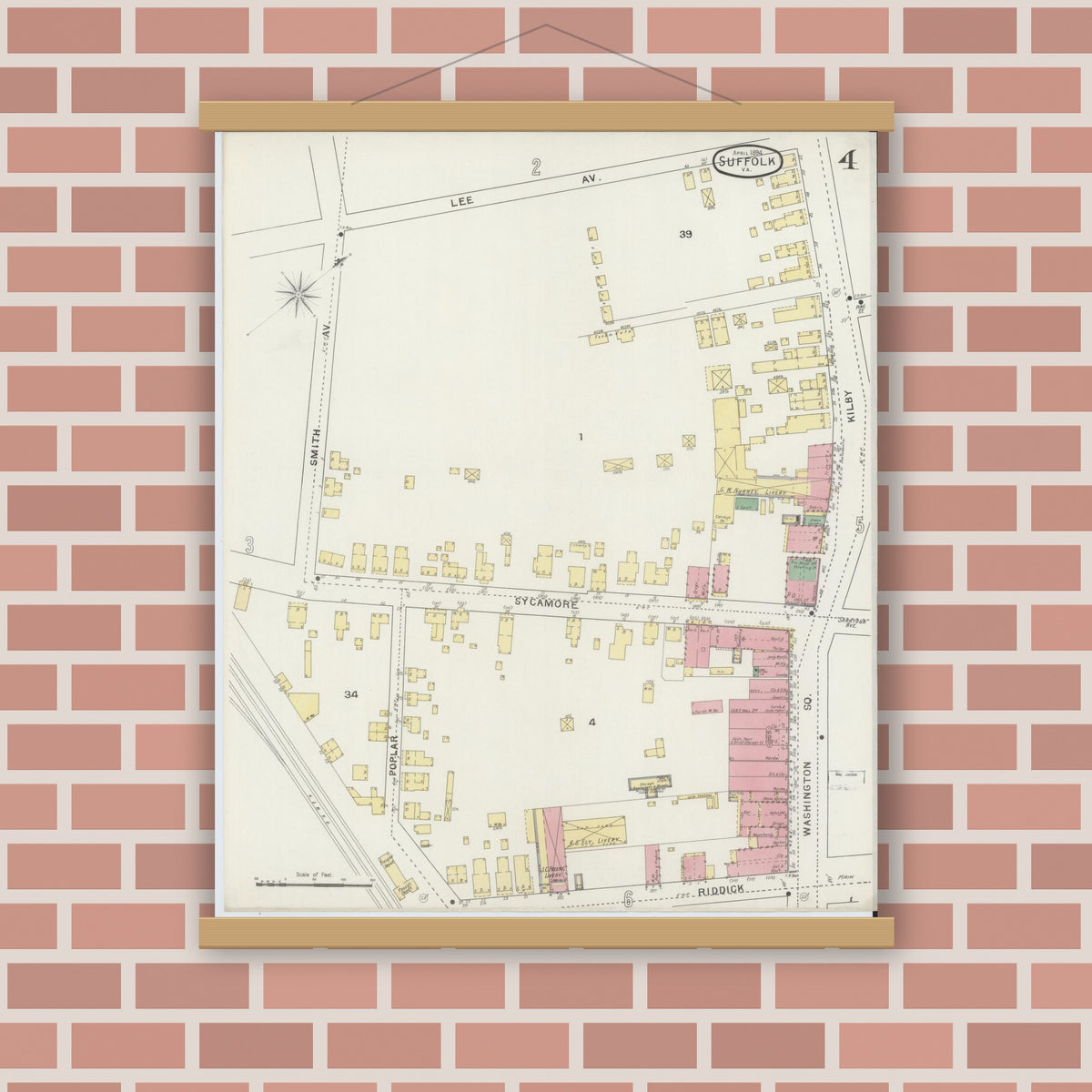 Old map wall art mockup — magnetic wood frame on brick wall — Sanborn Fire Insurance Map from Suffolk, Independent Cities, Virginia (1894), Sheet #0004