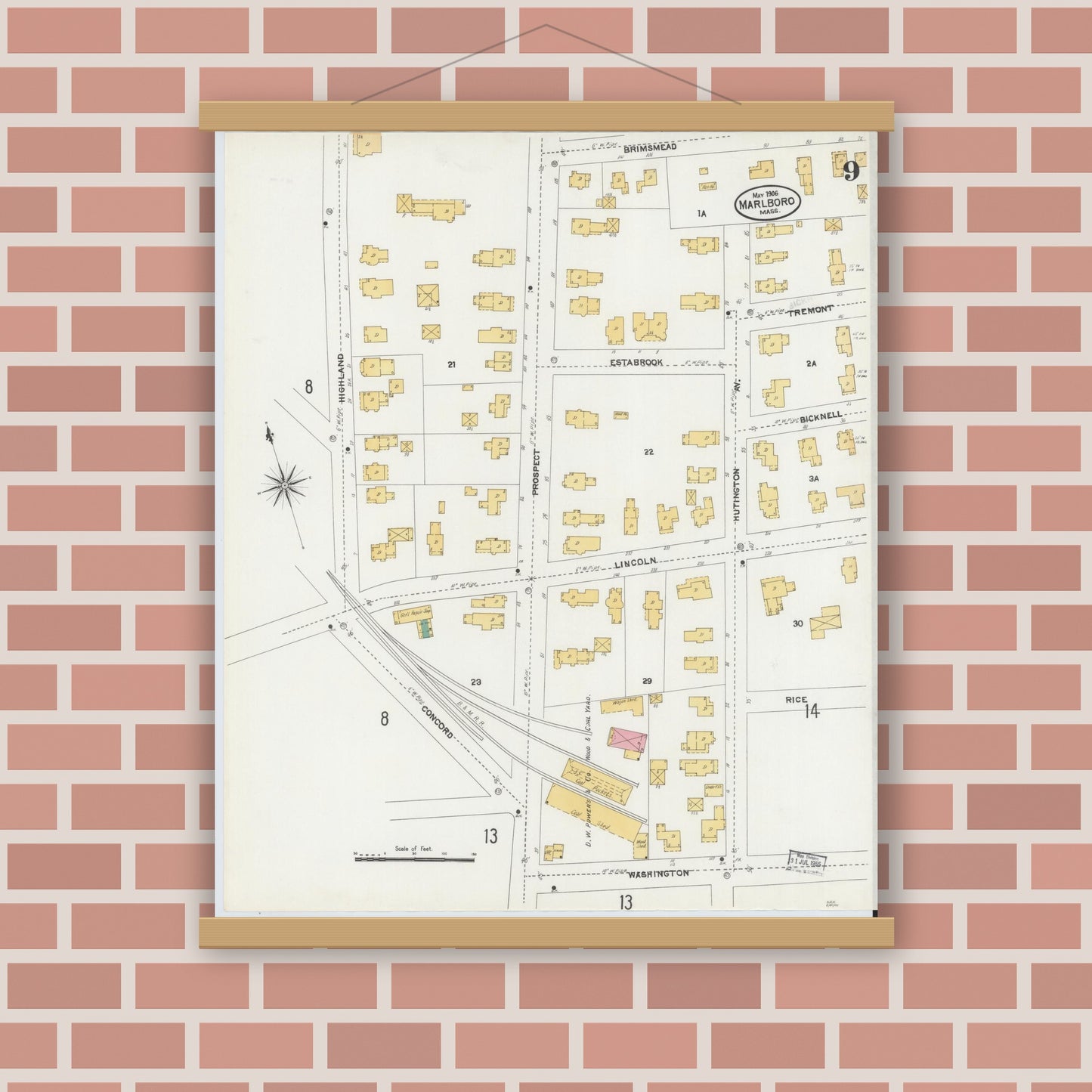 Old map wall art mockup — magnetic wood frame on brick wall — Sanborn Fire Insurance Map from Marlborough, Middlesex County, Massachusetts (1906), Sheet #0009