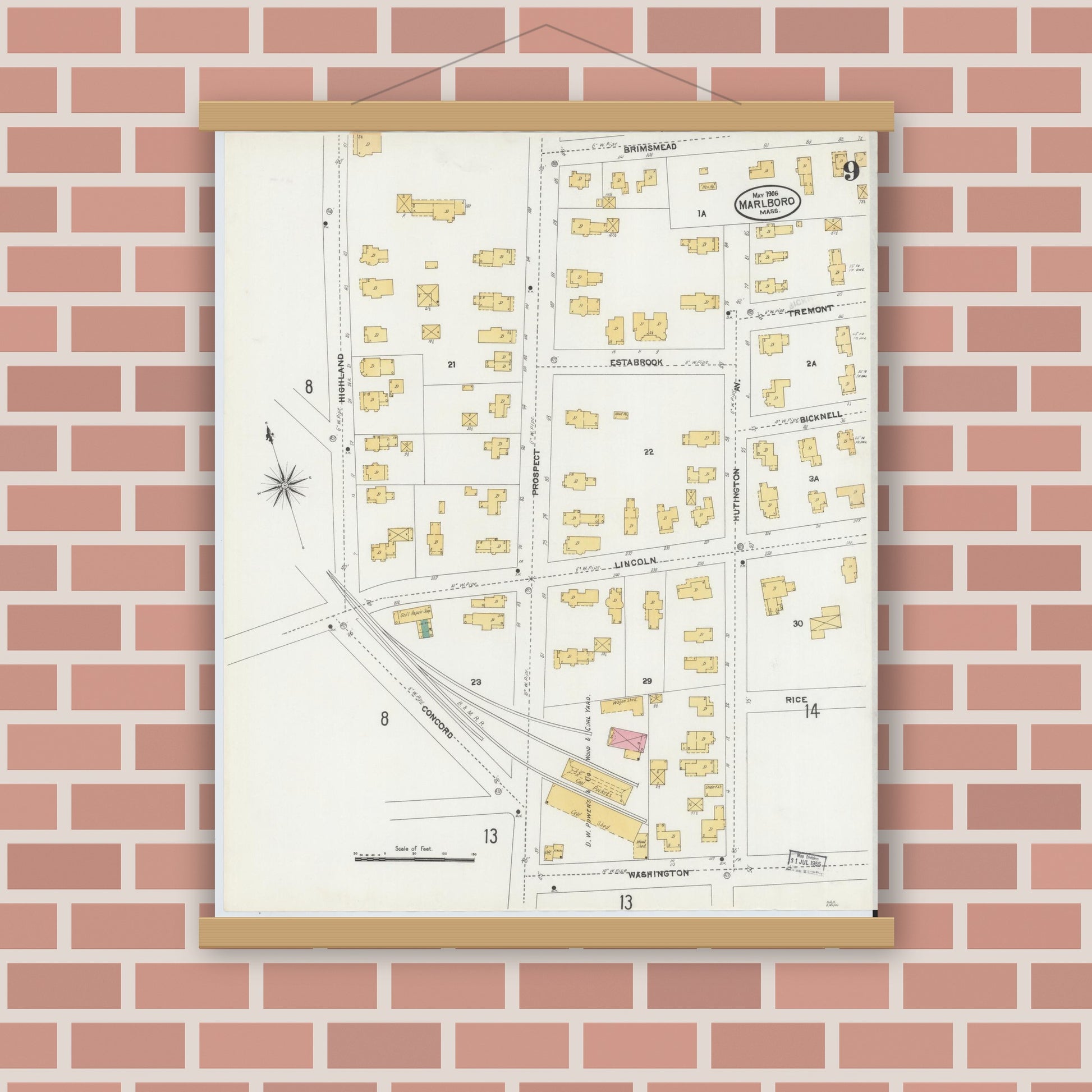 Old map wall art mockup — magnetic wood frame on brick wall — Sanborn Fire Insurance Map from Marlborough, Middlesex County, Massachusetts (1906), Sheet #0009