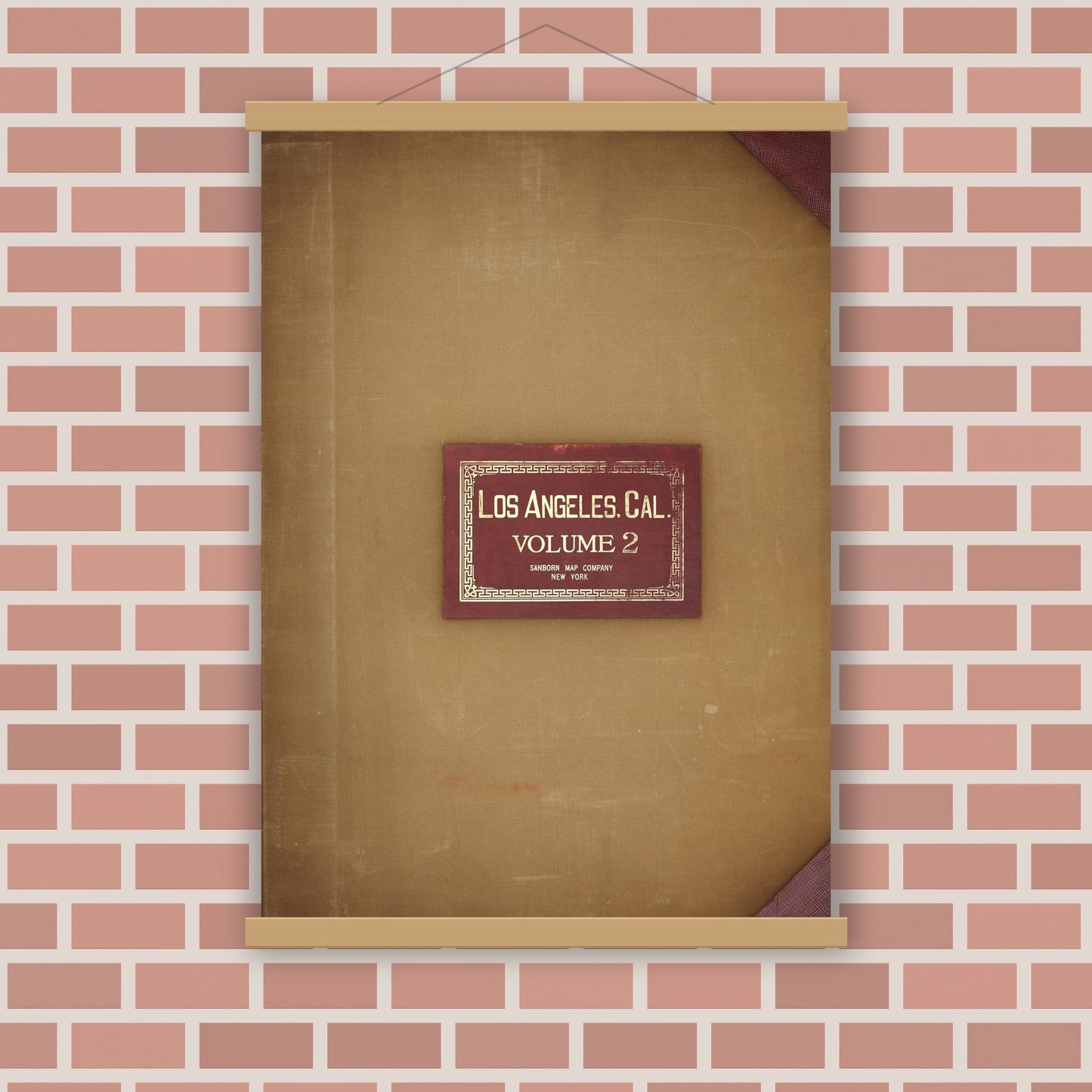 Old map wall art mockup — magnetic wood frame on brick wall — Sanborn Fire Insurance Map from Los Angeles, Los Angeles County, California (1950), Sheet #0001
