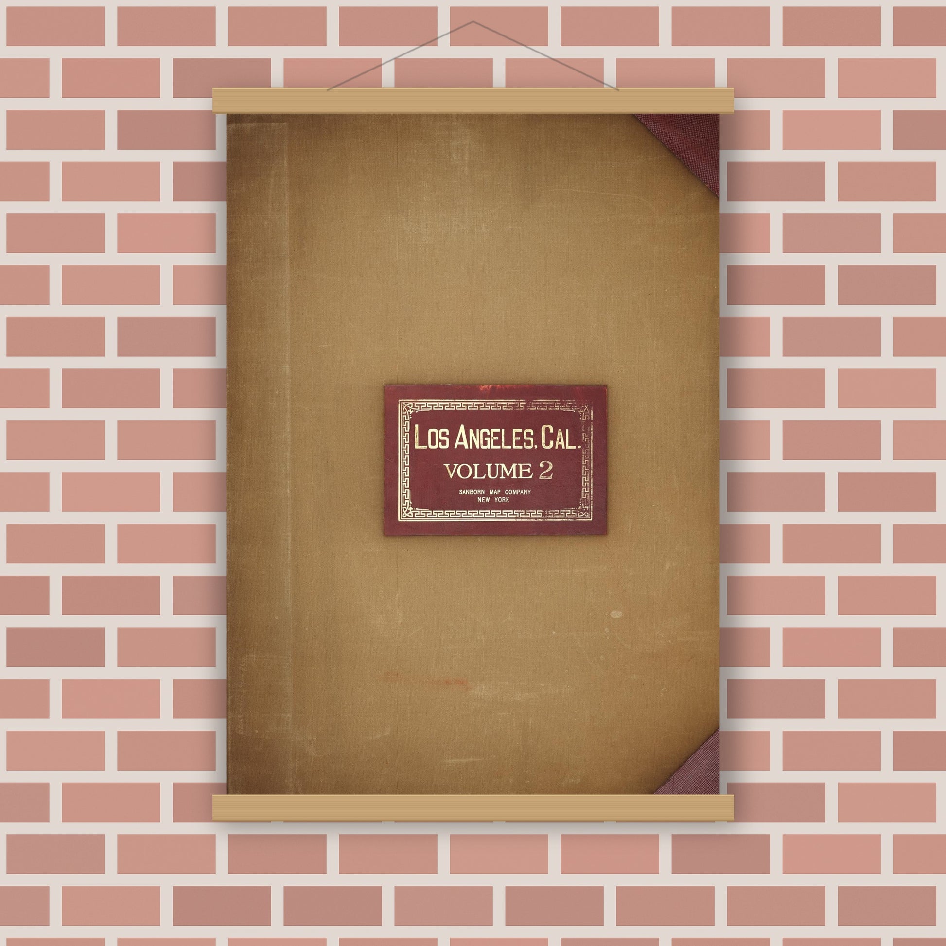 Old map wall art mockup — magnetic wood frame on brick wall — Sanborn Fire Insurance Map from Los Angeles, Los Angeles County, California (1950), Sheet #0001