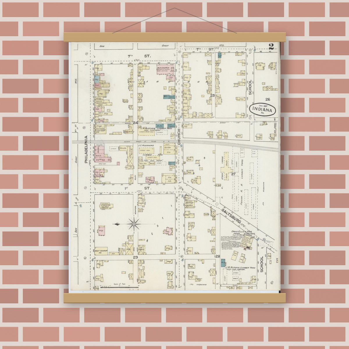 Old map wall art mockup — magnetic wood frame on brick wall — Sanborn Fire Insurance Map from Indiana, Indiana County, Pennsylvania (1887), Sheet #0002
