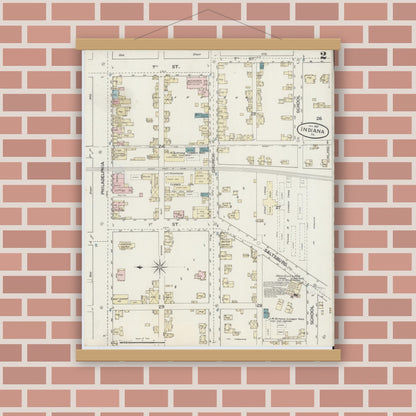 Old map wall art mockup — magnetic wood frame on brick wall — Sanborn Fire Insurance Map from Indiana, Indiana County, Pennsylvania (1887), Sheet #0002