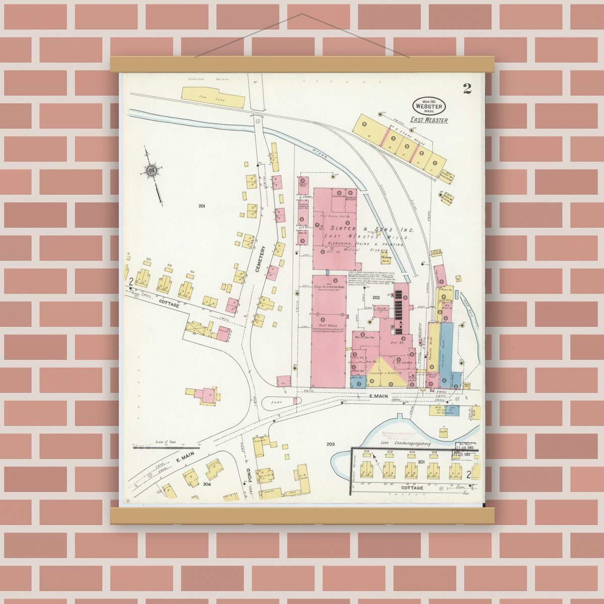 Old map wall art mockup — magnetic wood frame on brick wall — Sanborn Fire Insurance Map from Webster, Worcester County, Massachusetts (1911), Sheet #0002