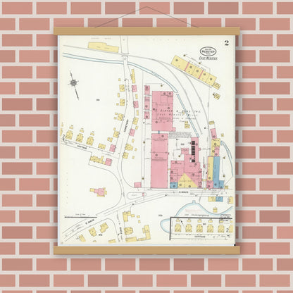 Old map wall art mockup — magnetic wood frame on brick wall — Sanborn Fire Insurance Map from Webster, Worcester County, Massachusetts (1911), Sheet #0002