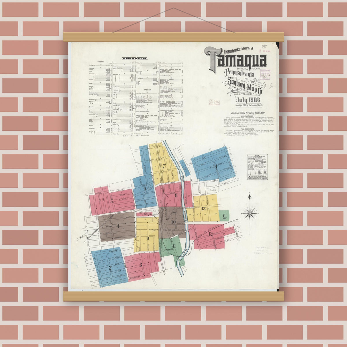 Old map wall art mockup — magnetic wood frame on brick wall — Sanborn Fire Insurance Map from Tamaqua, Schuylkill County, Pennsylvania (1908) - Complete Map Set