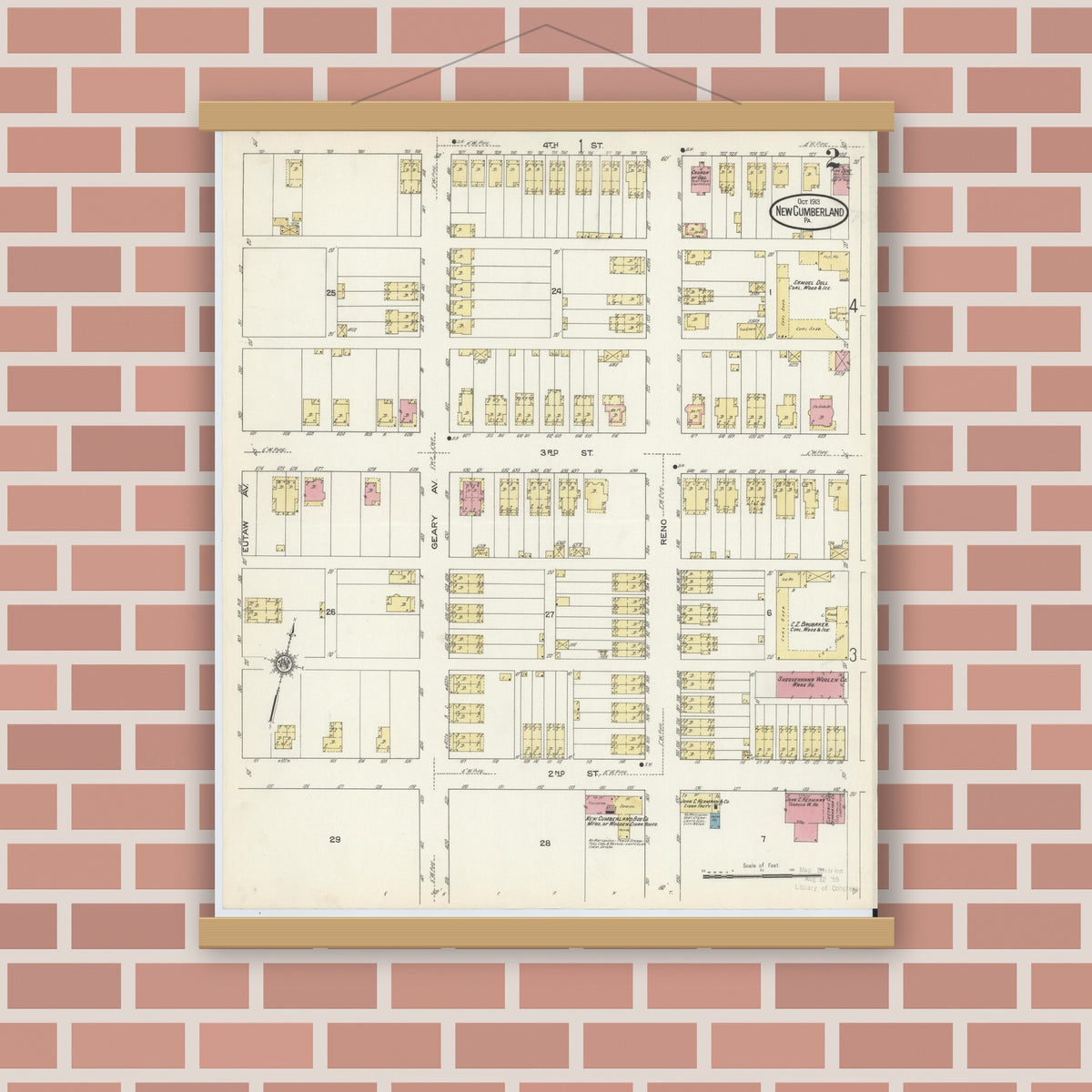 Old map wall art mockup — magnetic wood frame on brick wall — Sanborn Fire Insurance Map from New Cumberland, Cumberland County, Pennsylvania (1913), Sheet #0002