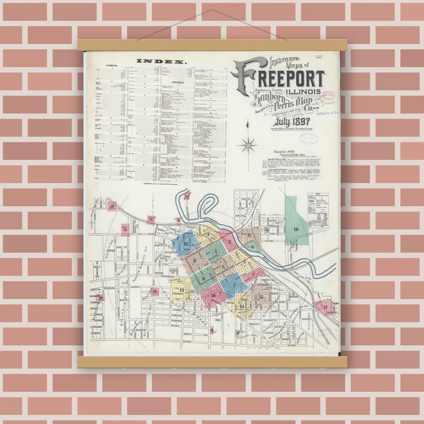 Old map wall art mockup — magnetic wood frame on brick wall — Sanborn Fire Insurance Map from Freeport, Stephenson County, Illinois (1897), Sheet #0001