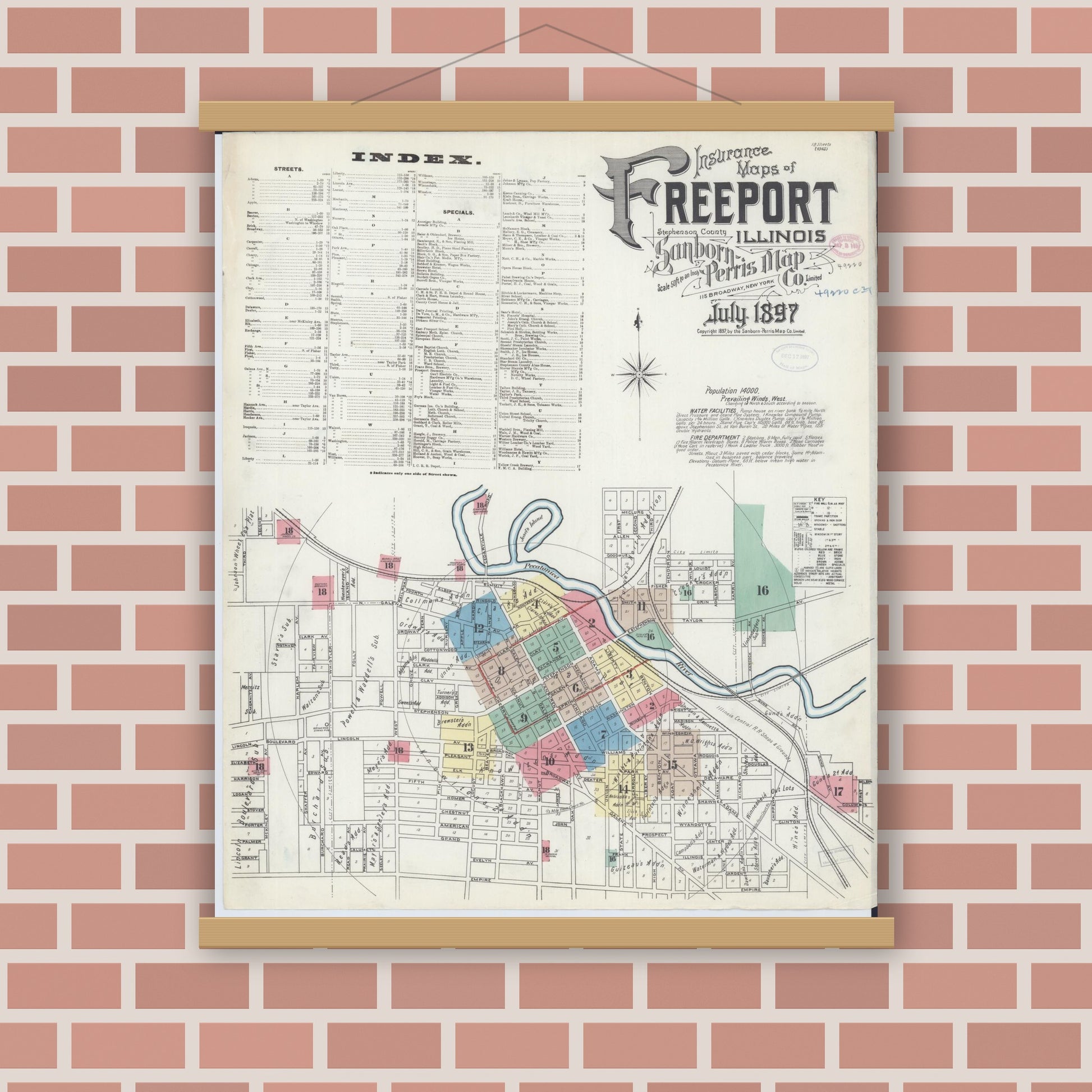 Old map wall art mockup — magnetic wood frame on brick wall — Sanborn Fire Insurance Map from Freeport, Stephenson County, Illinois (1897), Sheet #0001