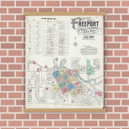 Old map wall art mockup — magnetic wood frame on brick wall — Sanborn Fire Insurance Map from Freeport, Stephenson County, Illinois (1897), Sheet #0001