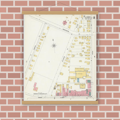Old map wall art mockup — magnetic wood frame on brick wall — Sanborn Fire Insurance Map from Batavia, Genesee County, New York (1901), Sheet #0003