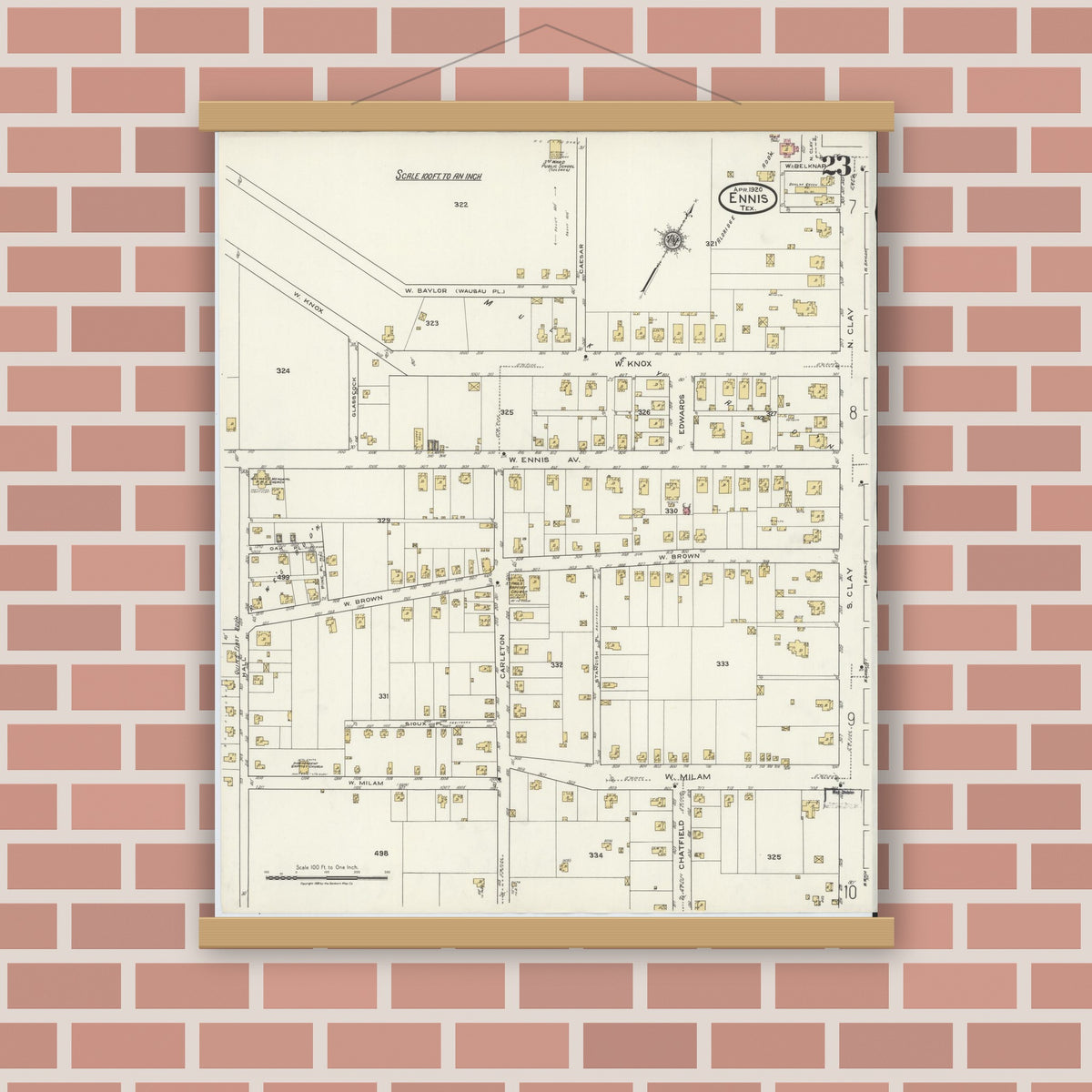 Old map wall art mockup — magnetic wood frame on brick wall — Sanborn Fire Insurance Map from Ennis, Ellis County, Texas (1920), Sheet #0023