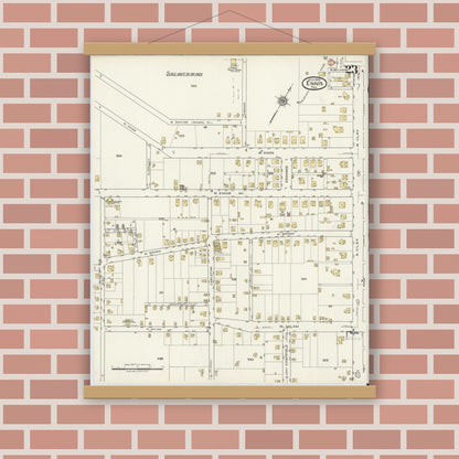 Old map wall art mockup — magnetic wood frame on brick wall — Sanborn Fire Insurance Map from Ennis, Ellis County, Texas (1920), Sheet #0023