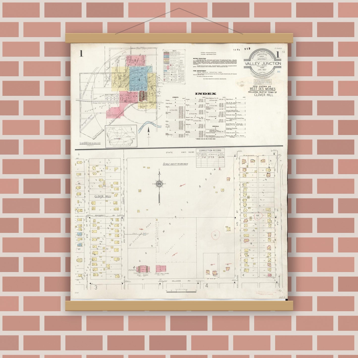 Old map wall art mockup — magnetic wood frame on brick wall — Sanborn Fire Insurance Map from Valley Junction, Polk County, Iowa (1941) â€” Complete Set