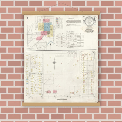 Old map wall art mockup — magnetic wood frame on brick wall — Sanborn Fire Insurance Map from Valley Junction, Polk County, Iowa (1941) â€” Complete Set
