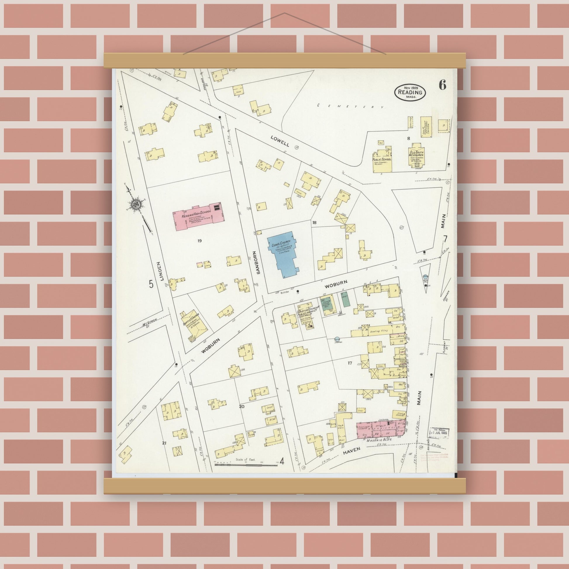 Old map wall art mockup — magnetic wood frame on brick wall — Sanborn Fire Insurance Map from Reading, Middlesex County, Massachusetts (1909), Sheet #0006