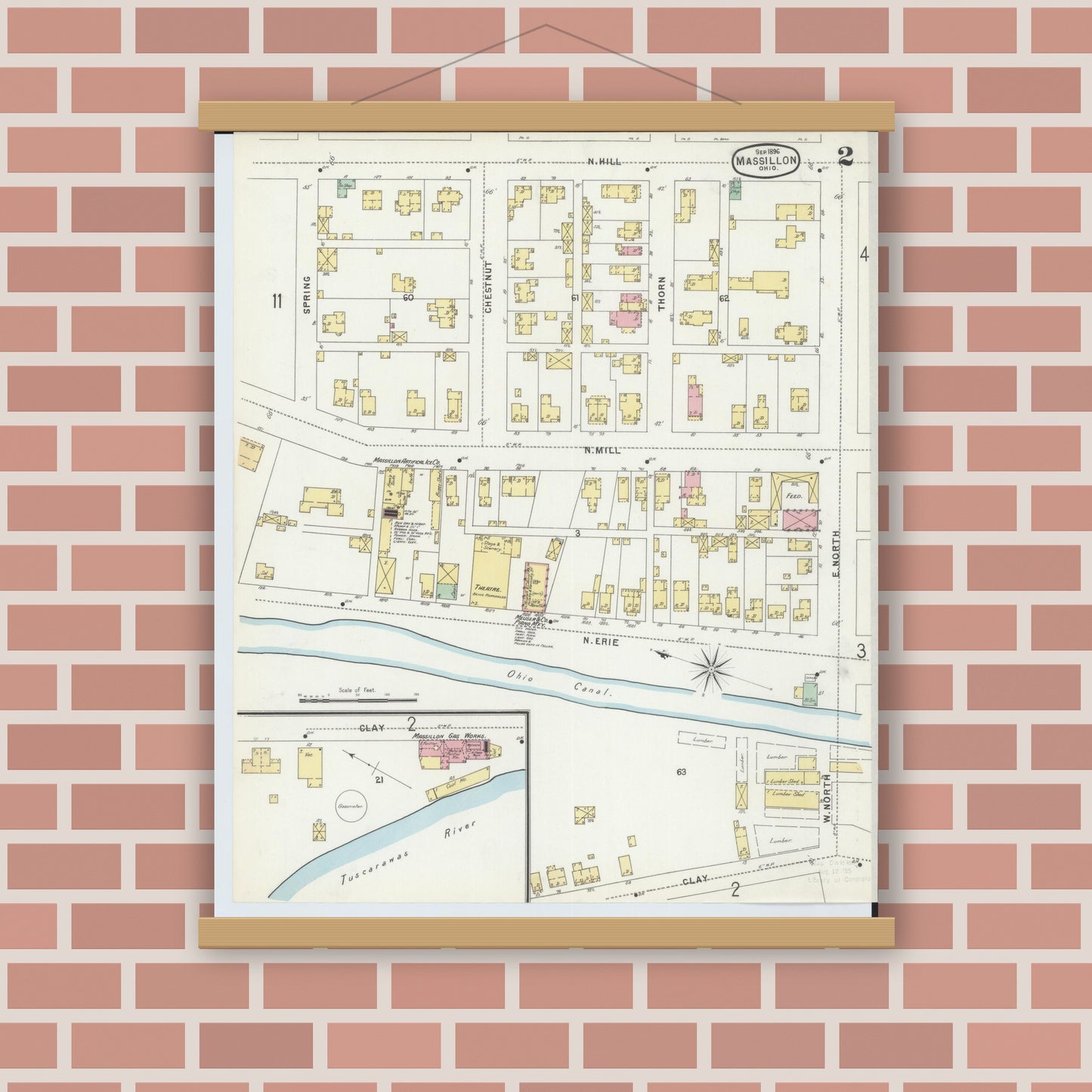 Old map wall art mockup — magnetic wood frame on brick wall — Sanborn Fire Insurance Map from Massillon, Stark County, Ohio (1896), Sheet #0002