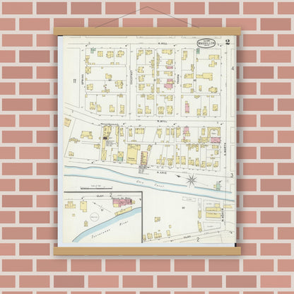 Old map wall art mockup — magnetic wood frame on brick wall — Sanborn Fire Insurance Map from Massillon, Stark County, Ohio (1896), Sheet #0002