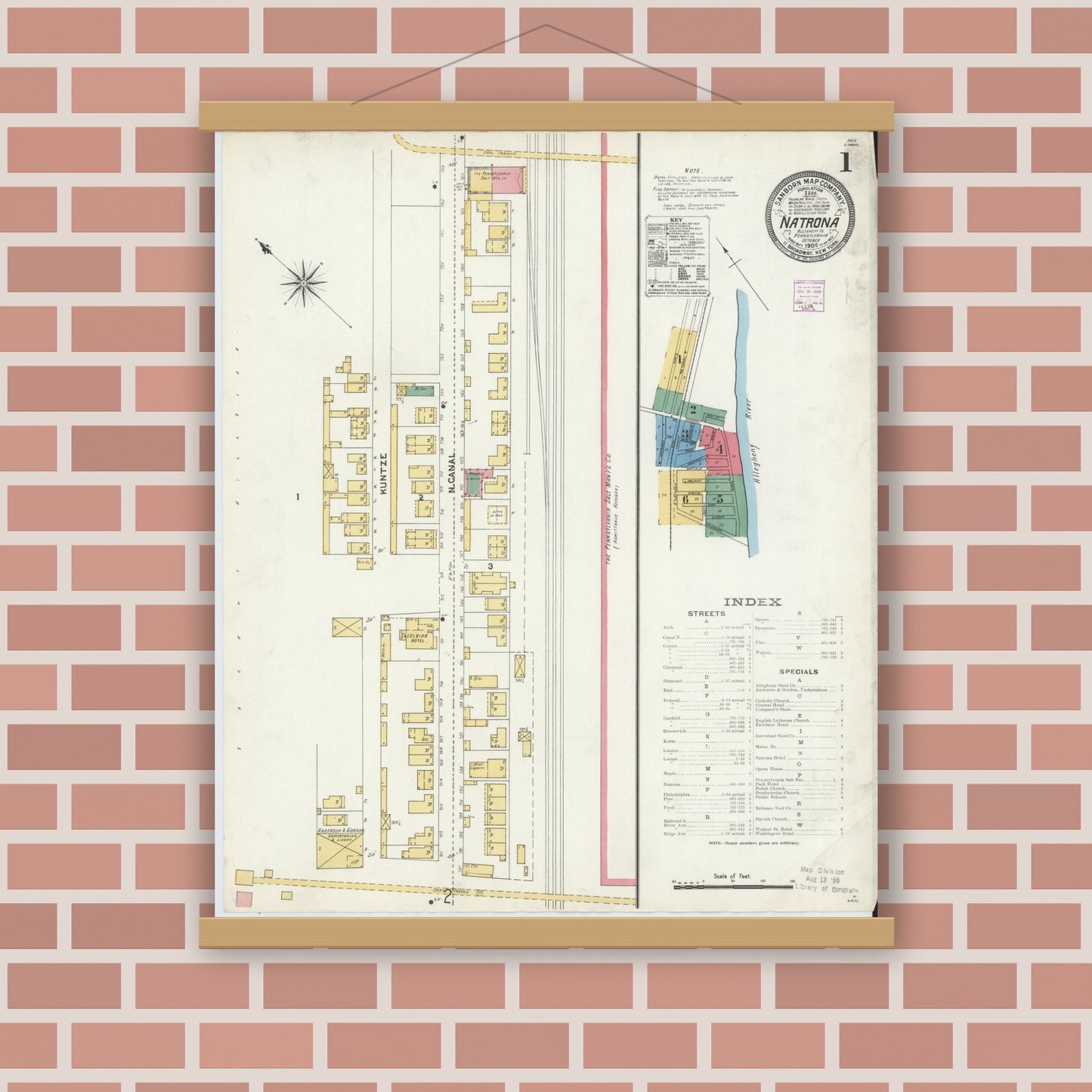 Old map wall art mockup — magnetic wood frame on brick wall — Sanborn Fire Insurance Map from Natrona, Allegheny County, Pennsylvania (1906) - Complete Map Set